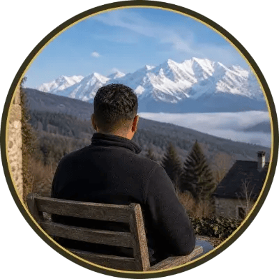 Jack d’Bourg looking across the snow-capped Jura Mountains.