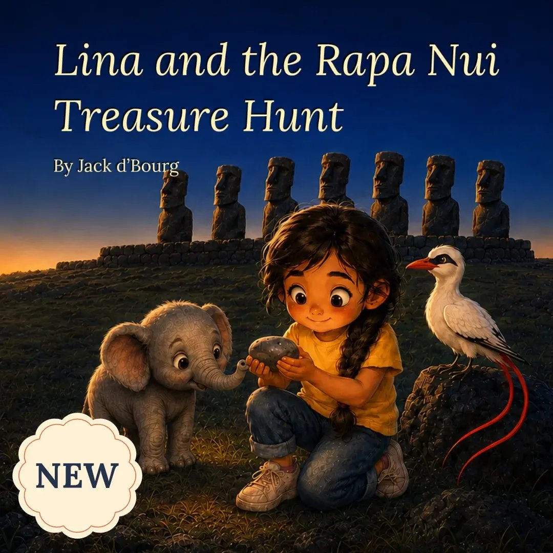 Cover of Lina and the Rapa Nui Treasure Hunt by Jack d’Bourg, featuring Lina, Toto, Tavake and seven moai at sunset.