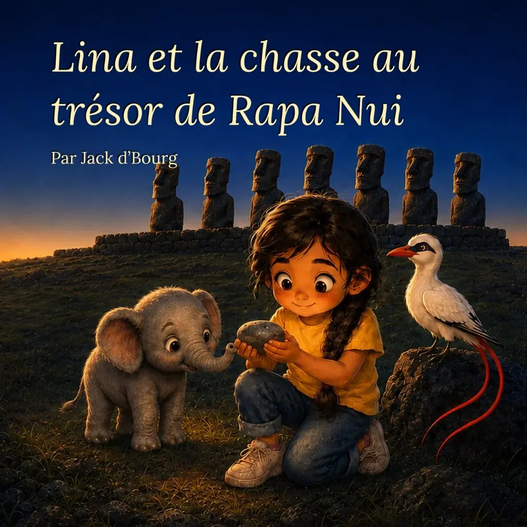 Couverture de Lina et la chasse au trésor de Rapa Nui de Jack d’Bourg, avec Lina, Toto, Tavake et sept moaï au coucher du soleil. Couverture de Lina et la chasse au trésor de Rapa Nui de Jack d’Bourg, avec Lina, Toto, Tavake et sept moaï au coucher du soleil.